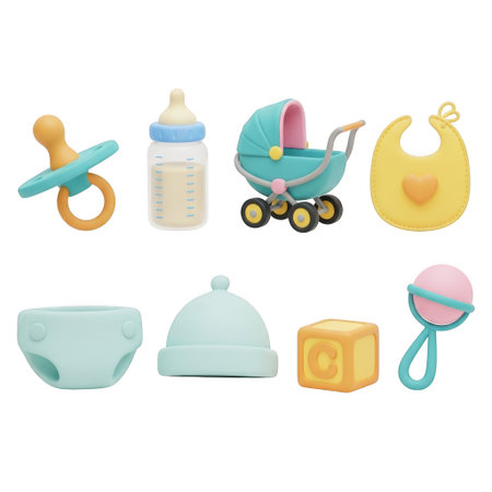 A high-resolution 3D render of a baby essentials set including a pacifier, baby bottle, stroller, bib, diaper, hat, block, and rattle. Ideal for product mockups and commercial stock use.の素材