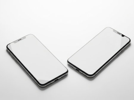Two sleek smartphones are placed side by side on a plain surface, both displaying blank screens. The phones are positioned diagonally, showcasing their modern design and reflective surfaces.の素材