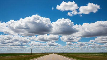 A long, straight road stretches into the distance, flanked by green fields and a vast sky filled with fluffy, white clouds. The scene evokes a sense of tranquility and openness, capturing the beauty of nature and the freedom of travel.の素材