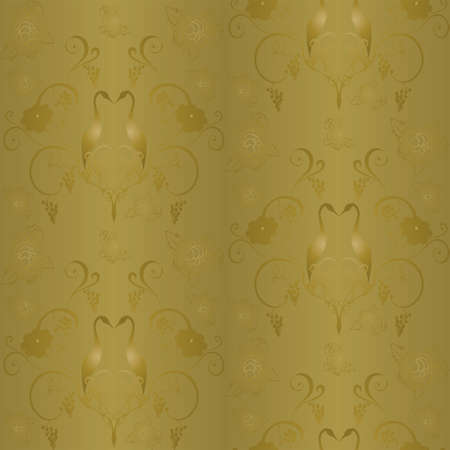 Seamless vector background with Golden pattern of grapes and twisted vines, flowers and two storksのイラスト素材