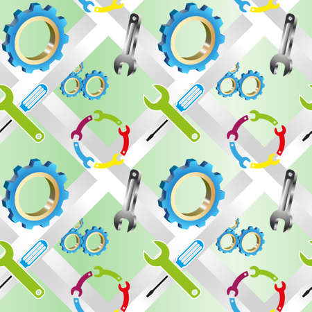 seamless vector background with set of gears, colorful keys and a screwdriver with the key on the green tintのイラスト素材