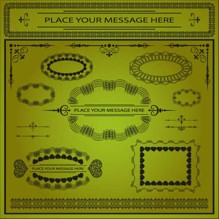 vector illustration with a set of gorgeous dark retro frames, ornaments, patterns, text, and hearts on green backgroundのイラスト素材