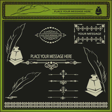vector illustration of a set of frames, ornaments for text, pen and inkstand painted in retro styleのイラスト素材