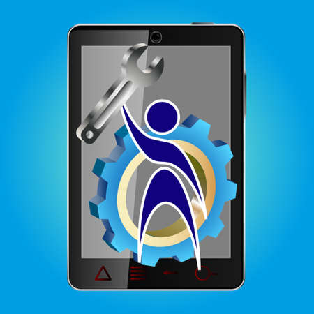 vector illustration of logo, a smiley with a picture of a silhouette of a man holding a spanner wrench for repair, maintenance, phone, laptop on the background of gears and mobile phoneのイラスト素材