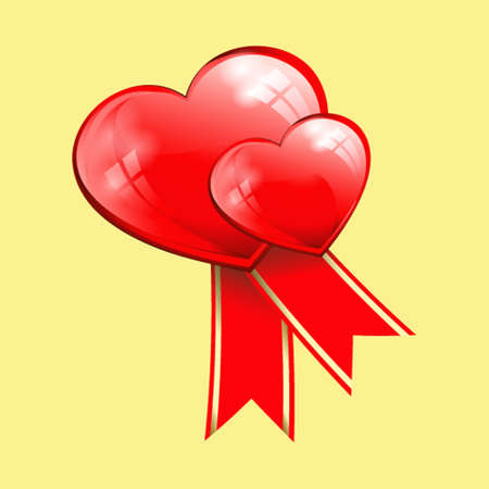 two red volumetric hearts with ribbons at the bottomのイラスト素材