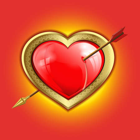 volume red glare, the reflection of the Windows of the heart with a gold border is punched with an arrow with a gold tipのイラスト素材