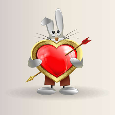 greeting card with a beautiful little Bunny, who is holding a red heart pierced by an arrow as a sign of love and devotion to your loved oneのイラスト素材