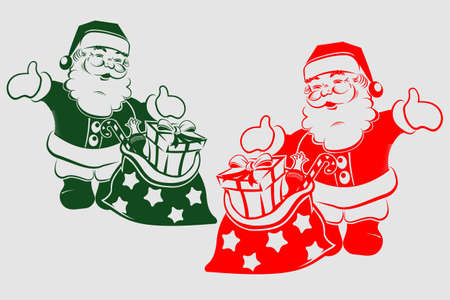 Christmas festive,joyful silhouette of a smiling Santa Claus with spaced arms and a sack of giftsのイラスト素材