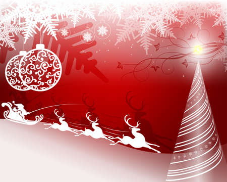Christmas red design with Santa Claus in a wagon on deer,tree with starのイラスト素材