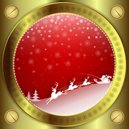 Christmas red background with Golden frame, Santa Claus rides in a sleigh with reindeer and snow fallingのイラスト素材