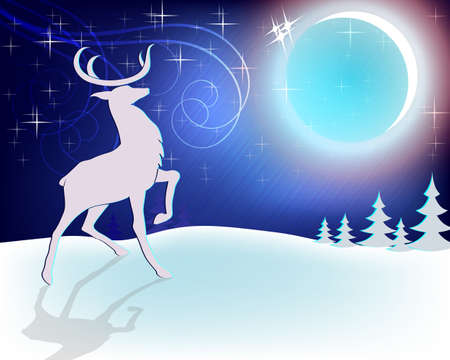 Blue Christmas background with deer stands in the snow, the moon, stars and fir trees in the distanceのイラスト素材