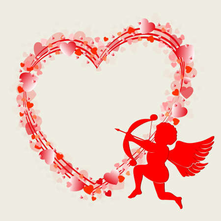 Red silhouette heart with place for photo,text, and Cupid with bowのイラスト素材