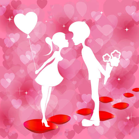 Romantic red design with silhouettes of couples with flowers and balloon in handのイラスト素材
