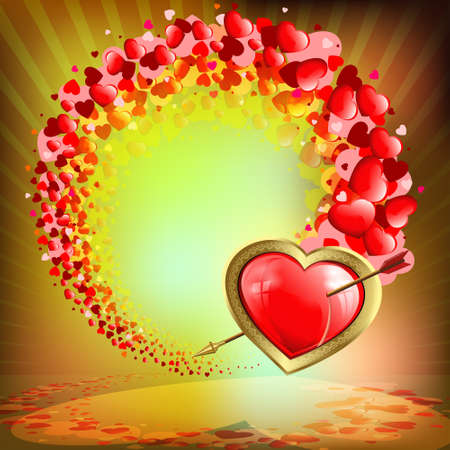 The orange background with the silhouette of a heart with an arrow with a set of red hearts in various colors and sizesのイラスト素材