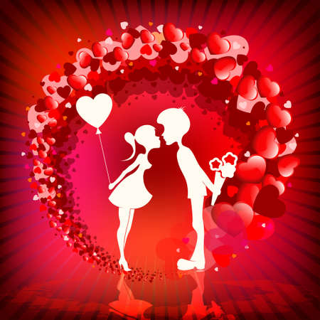 Background with silhouette of a boy and a girl around the heart various size and colorのイラスト素材