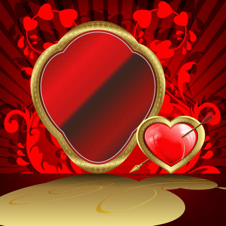 Red background with Golden frame photo frame and a heart with an arrow in retro styleのイラスト素材