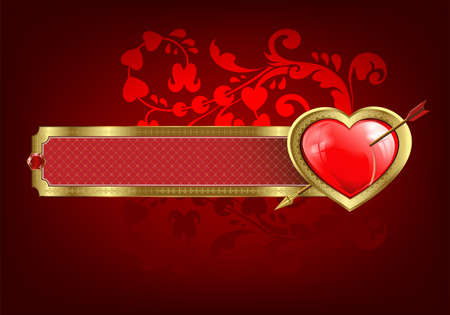Red design with rectangular frame with gold edging and heart with arrowのイラスト素材