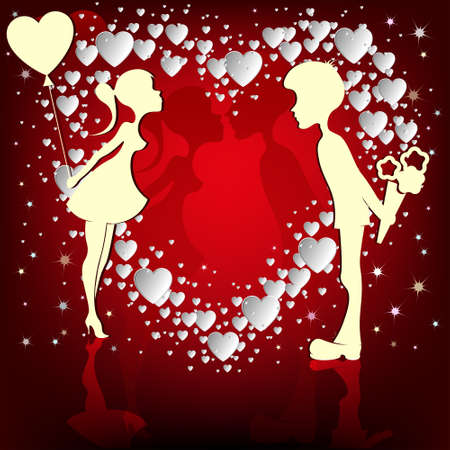 Design of white hearts on a red background, love the guy with flowers and girl with balloonのイラスト素材