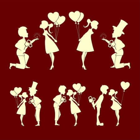 Silhouettes of couples in love, boy with flowers and a wedding ring and girls with balloons,setのイラスト素材
