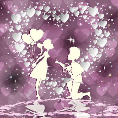 Purple background with place for text with a guy and a girl and a set of white hearts of different sizesのイラスト素材