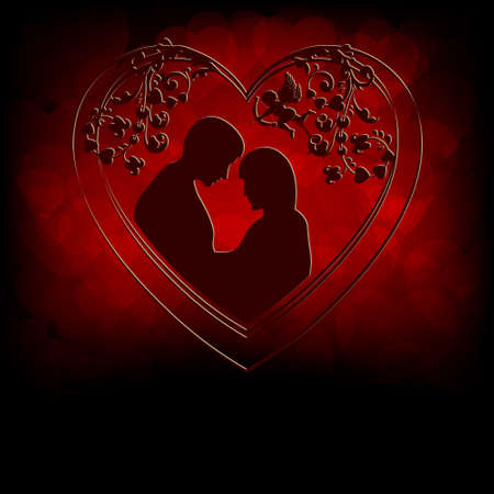 Silhouettes of lovers men and women snuggled up to each other, inside heart pattern on a red backgroundのイラスト素材