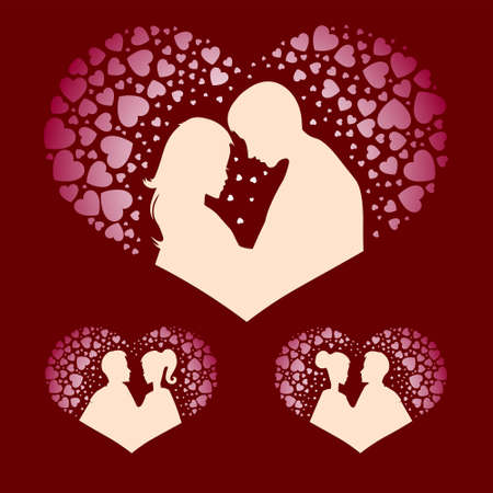 a design from silhouettes of boy and girl with hearts, vintage setのイラスト素材