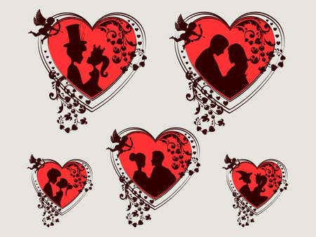 design of red heart with silhouettes of a boy and a girl , Princess, retro setのイラスト素材