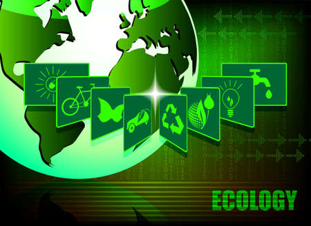 Green background with the silhouette of the globe, and symbols of ecologyのイラスト素材