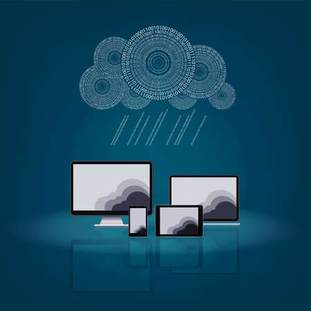 blue design with the silhouette of computer technology and digital clouds
