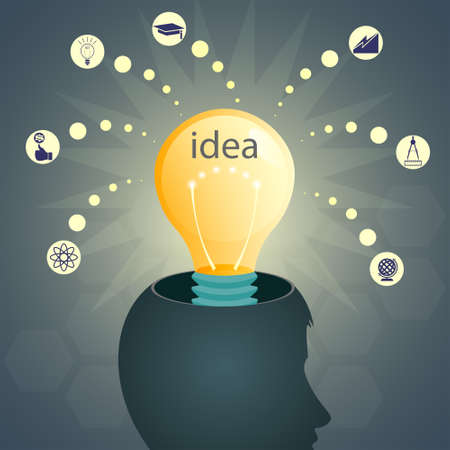 Design with a human head silhouette and a light bulb with a text idea, brainstorming, searching for an ideaのイラスト素材