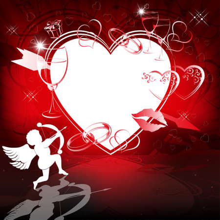 Red background with heart, arrow and cupid.のイラスト素材