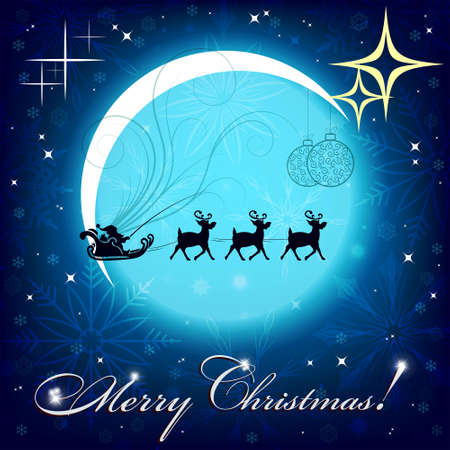 Blue christmas background with moon and Santa Claus on reindeerのイラスト素材