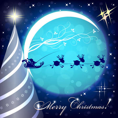 Blue christmas background with bright moon and santa claus riding on small deerのイラスト素材
