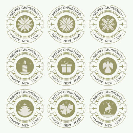 Christmas ocher emblem in the shape of a circle, with snowflake, deer, bells and a burning candle, setのイラスト素材