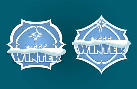 Christmas symbol of blue and white hue with silhouette of snow, Santa Claus on deer, setのイラスト素材