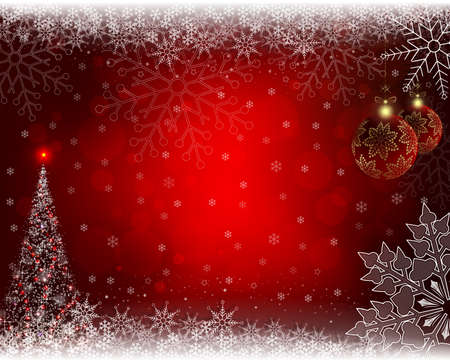 Christmas red background with christmas tree and red christmas ballsのイラスト素材