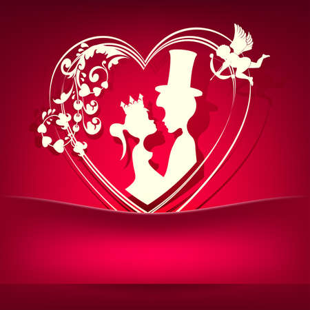 Red and pink design with a silhouette of the heart with two lovers vector illustrationのイラスト素材