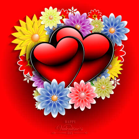 Red background with flowers and with silhouettes of two hearts and textのイラスト素材