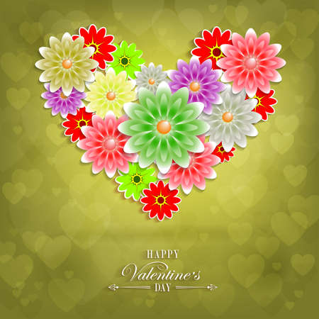 Green background with a silhouette of hearts made of flowers.のイラスト素材