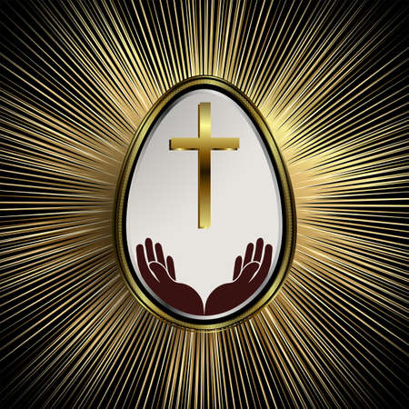 Easter egg with golden edging, hands and cross with abstract golden rays.のイラスト素材
