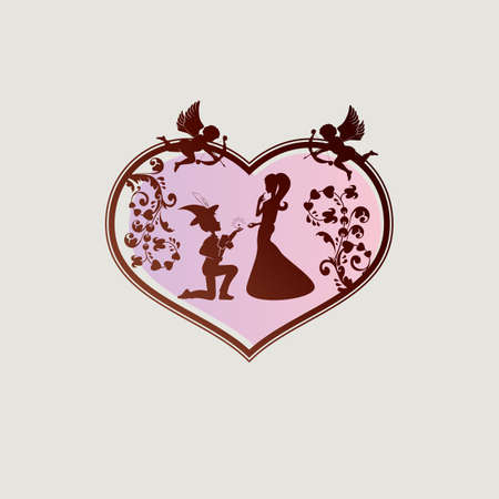 Silhouette of a heart with a boy in a hat with a feather, a girl and cupid on gray background.のイラスト素材