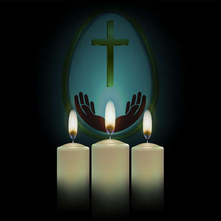 Three burning candles with the silhouette of the Easter egg with a crossのイラスト素材