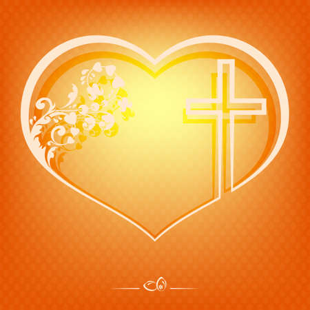 Orange pattern with silhouette of heart with ornament and crossのイラスト素材