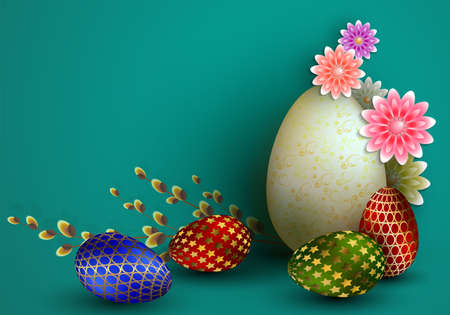 Turquoise design with a branch of willow, flowers and with Easter eggs with a pattern.
