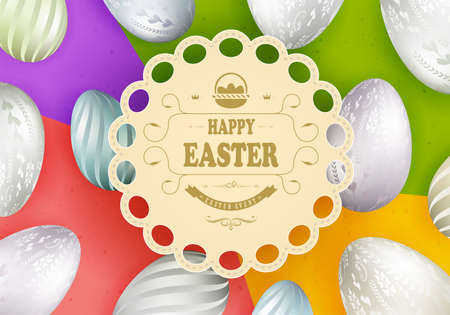 Multicolored design with round Easter frame with eggs.のイラスト素材