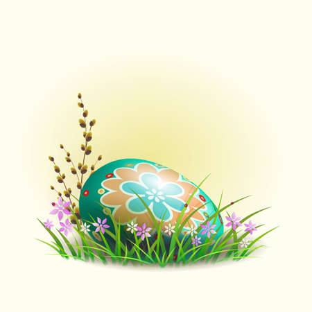 Easter egg with a pattern, with a willow branch on the green grass, with flowers with snowdrops.のイラスト素材