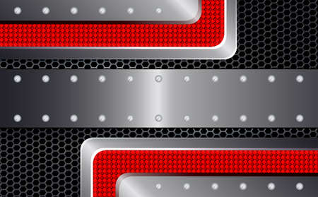 Geometric design with metal grille and red relief corners and screws.のイラスト素材