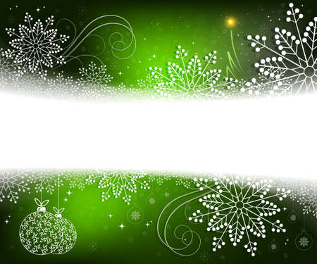 Christmas green design with white, elegant snowflakes, abstract little Christmas tree and balls in retro styleのイラスト素材