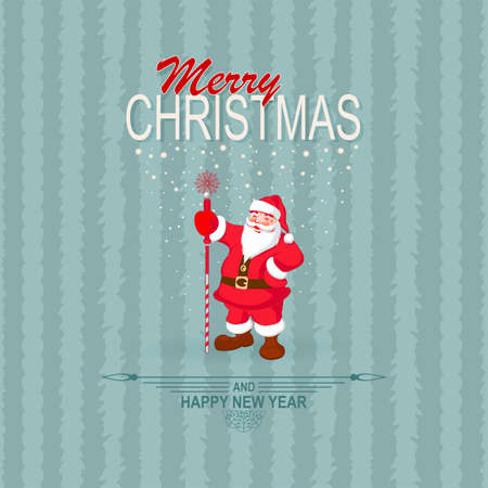 Christmas turquoise background with Santa Claus with staff, silhouette of falling snow and snowflake.のイラスト素材