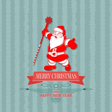 Christmas turquoise striped pattern with Santa Claus with a staff and text.のイラスト素材